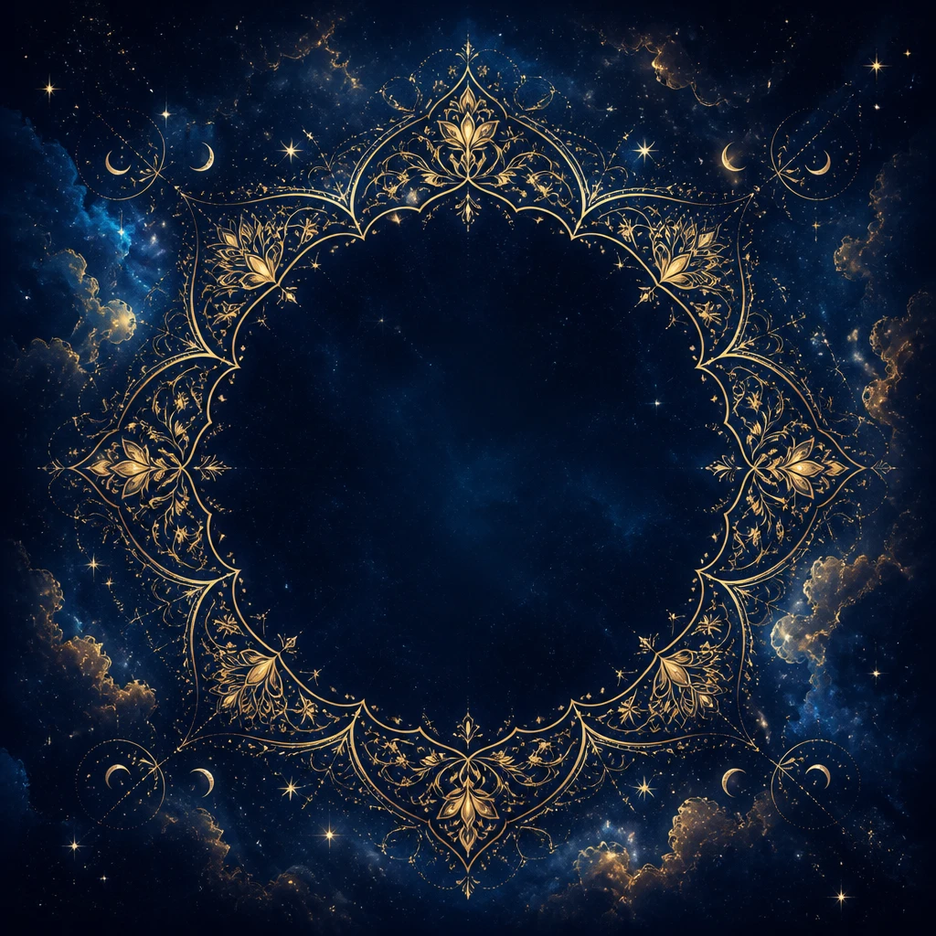 Nebulosa azul escura com mandala floral dourada central para o hero de Natalia Eloi